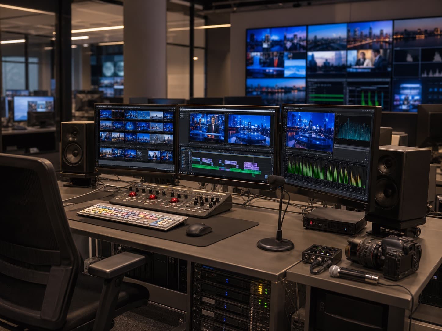 Poste de production éditoriale et monitoring vidéo